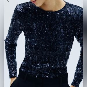 Mango Navy Sequin Top